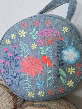 Embroidered Floral Round Denim Crossbody Bag in Gray